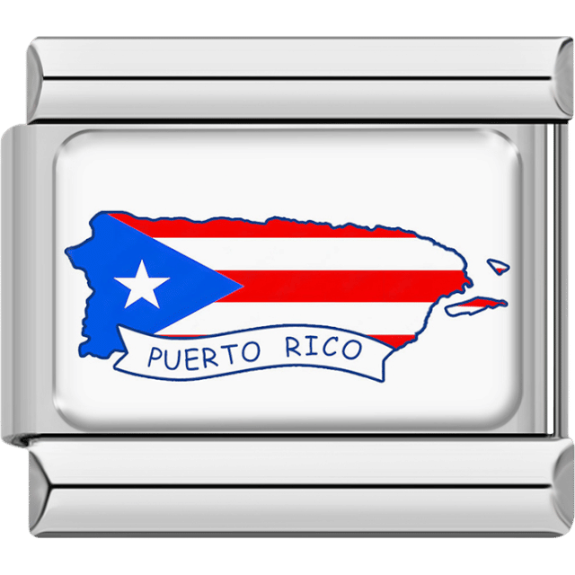 Silver-bordered Italian charm showing the map of Puerto Rico in the island’s flag colors with a white banner labeled “Puerto Rico.”
